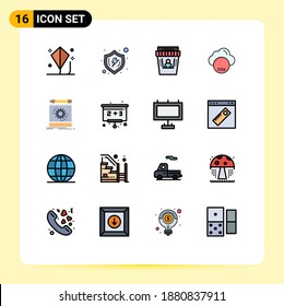 Piktogramm-Set mit 16 einfachen, flachen, farbigen Linien der Industrie; Verschmutzung; Schild, Umwelt; Filmtheater Editable Creative Vector Design Elements