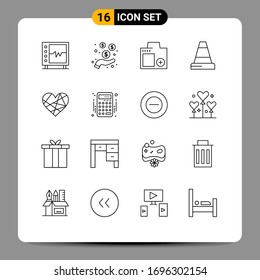 Pictogram Set of 16 Simple Outlines of heart; construction; protection; cone; photo Editable Vector Design Elements