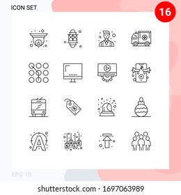 Piktogramm-Set mit 16 einfachen Linien des Lieferwagens; medizinisch, Festival; Lastkraftwagen; Menschen Bearbeitbare Design-Elemente für Vektorillustrationen