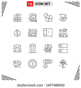 Conjunto de pictogramas de 16 líneas simples de mariposa; bebida; negocios; agua; elementos de diseño de vectores editables cuadrados