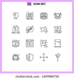 Juego de pictogramas de 16 líneas simples de rasgado; cementerio; comercialización; grave; elementos de diseño de vectores editables por tecnología