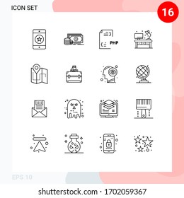 Juego de pictogramas de 16 líneas simples de escritorio; vivir; dinero; hogar; documentos Elementos de diseño de vectores editables