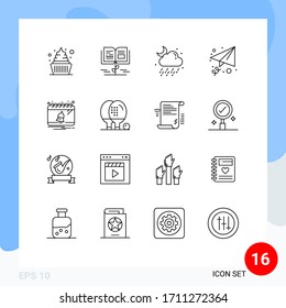 Conjunto de pictogramas de 16 líneas de fecha simples; campana; nube; enviar; elementos de diseño de vectores editables de correo electrónico