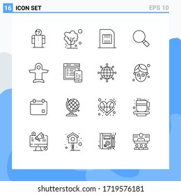 Juego de pictogramas de 16 simples líneas de búsqueda; mirar; calentamiento; vidrio; elementos de diseño de vectores editables móviles