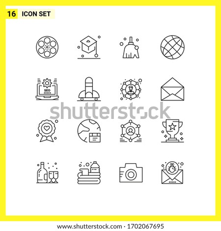 Pictogram Set of 16 Simple Outlines of globe; contact us; student; contact; sweep Editable Vector Design Elements
