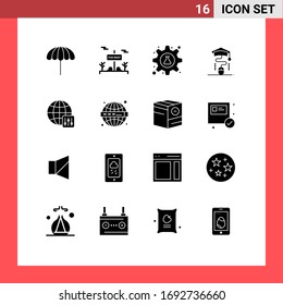 Pictogram Set of 16 Simple Solid Glyphs of world; online; cog; graduation; tube Editable Vector Design Elements