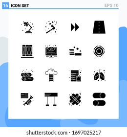 Piktogramm-Set mit 16 einfachen festen Glyphen aus Büchern; Pfad, schnell steuern; Strecken; Design-Elemente für Vektorillustrationen mit erweiterbarer Fahrbahn