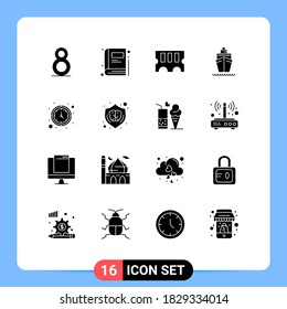 Pictogram Set of 16 Simple Solid Glyphs of design; watch; boat; wall clock; clock Editable Vector Design Elements