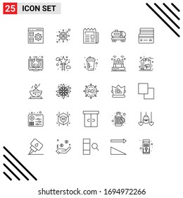 Pictogram Set of 25 Simple Lines of card; tank; dollar; oil; newspaper Editable Vector Design Elements
