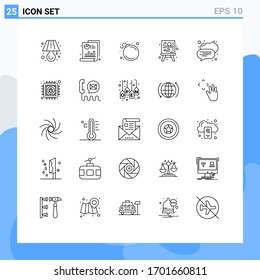 Juego de pictogramas de 25 líneas simples de chip; texto; bomba; voz; elementos de diseño de vectores editables de procesos