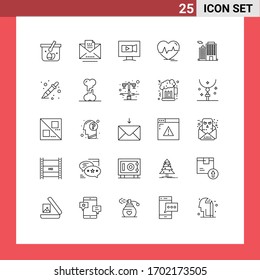 Pictogram Set of 25 Simple Lines of building; pulse; monitor; heartbeat; ecg Editable Vector Design Elements