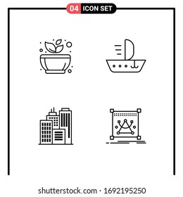 Piktogramm-Set mit 4 einfachen, flachen Schleiffarben; Gebäude; Spa; Schiff; Design-Elemente für redaktionelle Vektorillustrationen in Büros
