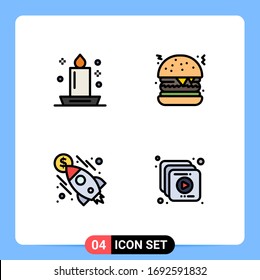 Conjunto de pictogramas de 4 colores planos de línea llena simples de velas; lanzamiento; luz; comida rápida; elementos de diseño de vectores editables con dinero