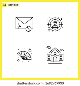 Conjunto de pictogramas de 4 colores planos de línea llena simples de sobres; ventilador de mano; sms; objetivo; elementos de diseño de vectores editables por viento
