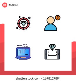 Pictogram Set of 4 Simple Filledline Flat Colors of diamond; hardware; target; computer; online Editable Vector Design Elements