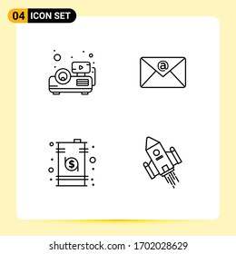 Pictogram Set of 4 Simple Filledline Flat Colors of beamer; drum; email; business; space craft Editable Vector Design Elements