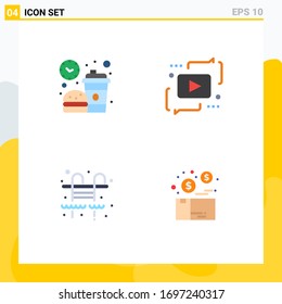Piktogramm-Set von 4 einfachen flachen Ikonen der Pause; spielen; Mittagessen; Chat; Design-Elemente für lebensbearbeitbare Vektorillustrationen