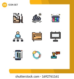 Pictogram Set of 9 Simple Filledline Flat Colors of folder; film; iceberg; cinema; workflow Editable Vector Design Elements