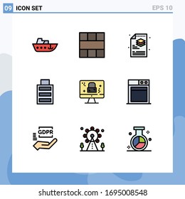 Conjunto de pictogramas de 9 colores planos de línea llena simples de monitor; simple; espacio de trabajo; completo; capas Elementos de diseño de vectores editables