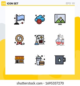 Pictogram Set of 9 Simple Filledline Flat Colors of presentation; chart; modify photographs; medal; award badge Editable Vector Design Elements