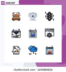 Conjunto de pictogramas de 9 colores planos de línea plana simple de la página web; error; escudo; impresora; elementos de diseño de vectores editables de Internet