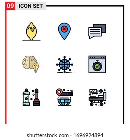 Pictogram Set of 9 Simple Filledline Flat Colors of network; globe; education; bulb; brain Editable Vector Design Elements