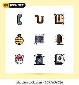 Pictogram Set of 9 Simple Filledline Flat Colors of furniture; cabinet; document; pineapple; color Editable Vector Design Elements