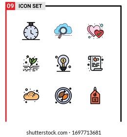Pictogram Set of 9 Simple Filledline Flat Colors of investing; business; heart; bulb; farming Editable Vector Design Elements