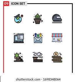 Conjunto de pictogramas de 9 colores planos de línea plana simple de marketing; programación; motocicleta; guión; elementos de diseño de vectores editables de api