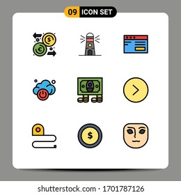 Pictogram Set of 9 Simple Filledline Flat Colors of money; cash; web; technology; cloud Editable Vector Design Elements