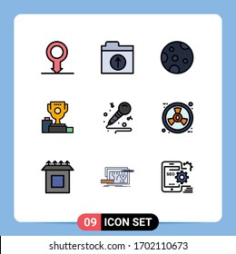 Juego de pictogramas de 9 colores planos de línea llena simples de hobby; música; clima; micrófono; elementos de diseño de vectores editables de taza