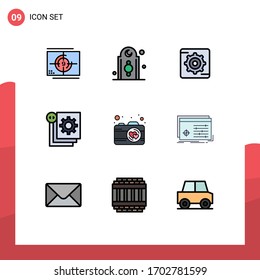 Conjunto de pictogramas de 9 colores planos de línea llena simples de programación; desarrollo; torre; desarrollar; elementos de diseño de vectores editables de caja