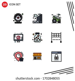 Conjunto de pictogramas de 9 colores planos planos simples de frasco; corazón de pantalla; agricultura; en línea; elementos de diseño de vectores editables de amor