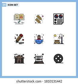 Pictogram Set of 9 Simple Filledline Flat Colors of offshore; pencil; data; office; two Editable Vector Design Elements