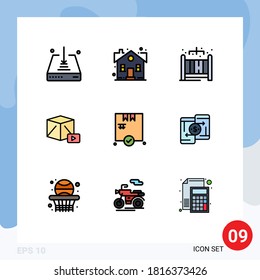 Piktogramm-Set mit 9 einfachen, flachen Farben des Kastens; Kasten; Eigentum; spielen; Schaltfläche Bearbeitbare Vektordesign-Elemente