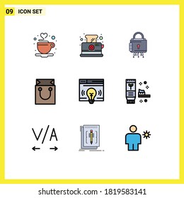 Pictogram Set of 9 Simple Filledline Flat Colors of interface; retail; security; cart; secure Editable Vector Design Elements