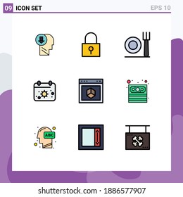 Juego de pictogramas de 9 colores planos de línea de relleno simples del navegador; sol; contraseña segura; fecha; elementos de diseño de vectores editables en la playa