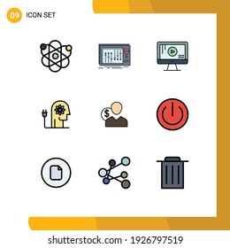 Piktogramm-Set aus 9 einfachen, flachen Farben des Geistes; Boosten; Studio; Fähigkeit; Bearbeitbare Vectordesign-Elemente für Musik