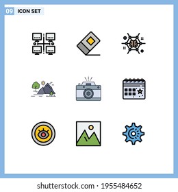 Pictogram Set of 9 Simple Filledline Flat Colors of camera; mountain; connect; nature; hill Editable Vector Design Elements