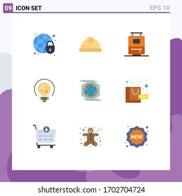 Pictogram Set of 9 Simple Flat Colors of space; globe; bag; bulb; insight Editable Vector Design Elements
