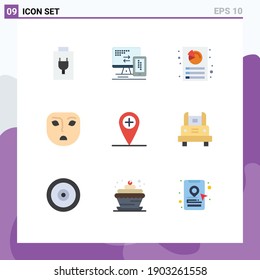 Juego de pictogramas de 9 colores planos simples del bus; más; personalización; añadir; elementos de diseño de vectores editables de emoción