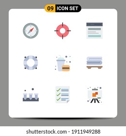 Pictogram Set of 9 Simple Flat Colors of burger; lifeguard; ux; beach; interface Editable Vector Design Elements