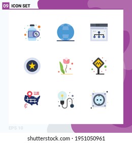 Juego de pictogramas de 9 colores planos simples de la flora; favorito; internet; adjudicación; compartir elementos de diseño de vectores editables
