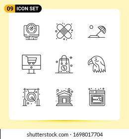 Pictogram Set of 9 Simple Outlines of dollar; shop; beach; online; cart Editable Vector Design Elements