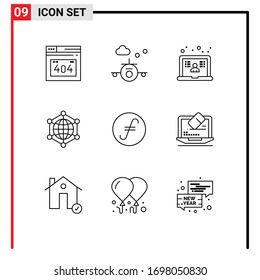 Juego de pictogramas de 9 líneas simples de moneda; internet; aprendizaje; web; elementos de diseño de vectores editables de datos