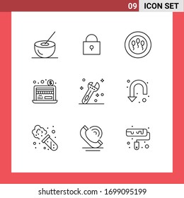 Pictogram Set of 9 Simple Outlines of arrow; tool; sperms; construction; online Editable Vector Design Elements