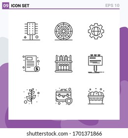 Pictogram Set of 9 Simple Outlines of invoice; healthcare; pizza; file; globe Editable Vector Design Elements