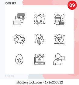 Pictogram Set of 9 Simple Outlines of creative; romance; fast food; love; heart Editable Vector Design Elements