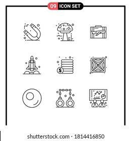 Pictogram Set of 9 Simple Outlines of transport; rocket; baggage; launcher; portfolio Editable Vector Design Elements