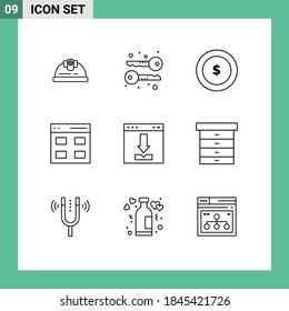 Conjunto de pictogramas de 9 líneas de interfaz simples; navegador; dólar; flechas; elementos de diseño de vectores editables de interfaz